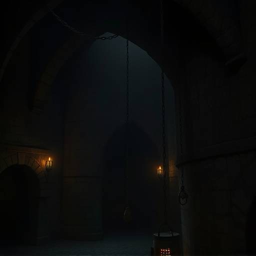 Imagen de un calabozo medieval oscuro y hümedo con cadenas colgando de las paredes.